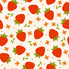 Simple seamless pattern with strawberries and yellow flowers on a white background. Vector graphics.