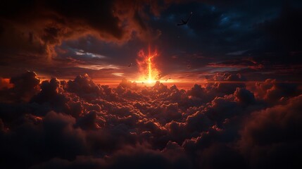 Fototapeta premium Orange Sunset Sky Above Dense White Clouds with Dramatic Glowing Light