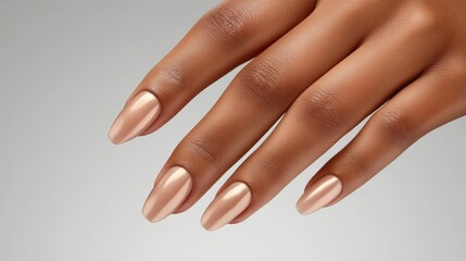 Fototapeta premium Rose gold nails, woman's hand, beauty, close-up shot, neutral background, manicure