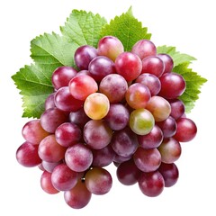 Fototapeta premium Fresh Red Grapes Cluster with Leaves - A close-up of a cluster of fresh red grapes with vibrant colors and green leaves, showcasing healthy, ripe fruit.