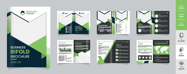 Company profile brochure design showcasing various sections and graphics in modern layout, Modern bifold brochure template for your business