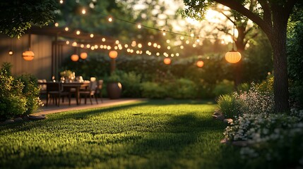Fototapeta premium A professional lawn care specialist ensuring a backyard looks perfect before a summer evening party, the sun casting long shadows, a string of glowing lanterns swaying above a neatly set dining area,