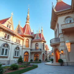 Fototapeta premium Impressive architectural design of ornate buildings in a well-kept garden under a clear blue sky