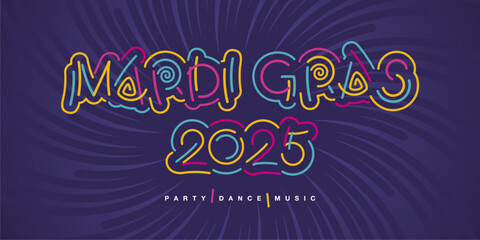Mardi Gras Carnival 2025 new colorful handwriten line design typography. Mardi Gras logo title on purple background