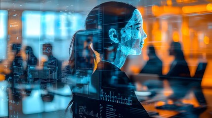 Transparent holographic avatars of attendees participating in a virtual corporate meeting against a blurred office environment showcasing futuristic communication and technology