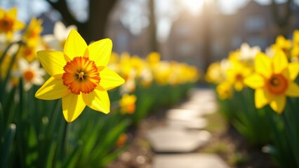 Fototapeta premium A garden filled with daffodils and daisies creates a cheerful and inviting atmosphere. The bright petals and lush surroundings celebrate the joy of spring and the happiness flowers bring.