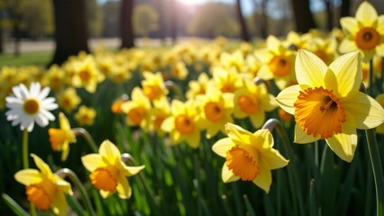Obraz premium A garden filled with daffodils and daisies creates a cheerful and inviting atmosphere. The bright petals and lush surroundings celebrate the joy of spring and the happiness flowers bring.