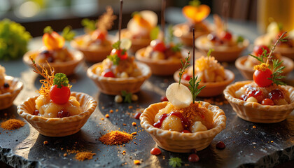 Obraz premium Artistic pintxos presentation in vibrant restaurant setting, culinary delight