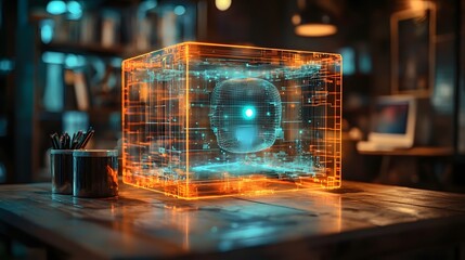 Transparent holographic projection displayed during an online or virtual meeting with a blurred office ambiance providing depth and context to the futuristic technology