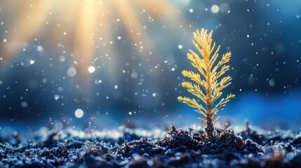 Sapling sprouting, winter sunrise, snowy ground, hope concept
