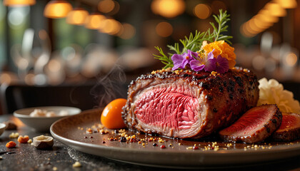 Succulent prime rib garnished with flowers on elegant restaurant table, gourmet dining