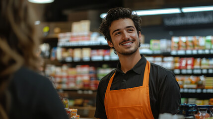 Fototapeta premium An attractive young man working in the retail store, wearing an orange apron, generative AI