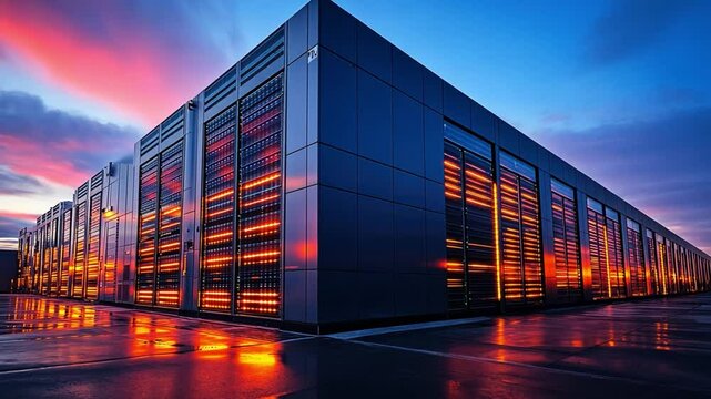 Data Center at Dusk: A modern data center building glows with warm light against a vibrant twilight sky, reflecting the power and innovation within.