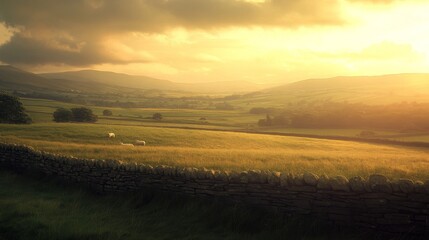 Obraz premium Golden Sunset Over Rolling Hills With Sheep Grazing