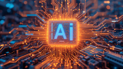 AI concept: Artificial Intelligence tools for content generation, graphic design, language translation, chatbots, image creation, and coding. Powered by advanced computer chip technology.