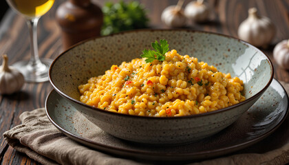 Exquisite saffron risotto beautifully plated on rustic wooden table, comfort food