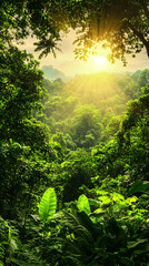 Lush Rainforest Sunrise: Golden Rays Filtering Through the Canopy