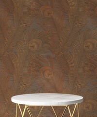 Round white marble stone podium table with gold pedestal leg in sunlight on brown peacock feather...