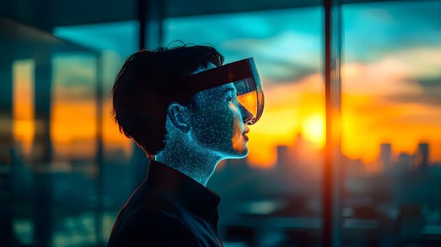 Transparent holographic figures projected during an online business conference or webinar with a blurred office scene or cityscape backdrop