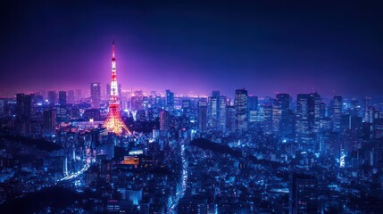 Fototapeta premium Tokyo City by Night, Anime and Manga drawing illustration, city views, magenta, purple, neon