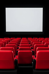 Fototapeta premium Movie theater with empty red seats and blank screen for advertising or presentation. Generative AI