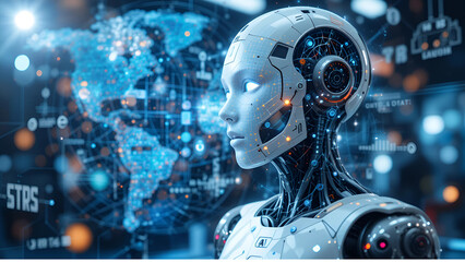 AI tools for futuristic technology: smart robots, artificial intelligence, and global connections enabling online data access and innovation.