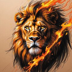 Fototapeta premium Fiery Lion King A Bold, Fiery, and Expressive Color Pencil Sketch of a Majestic Lion's Face Capturi