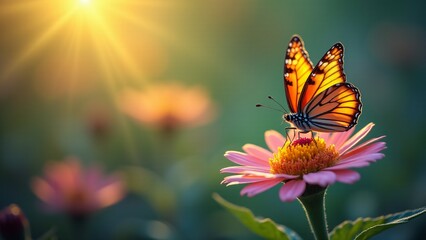 Obraz premium A butterfly resting on a flower creates a delicate and enchanting atmosphere. The vibrant flower and magical butterfly celebrate the harmony between insects and flowers and the interconnectedness of n
