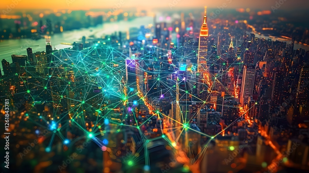 Poster overhead view of a city s digital network highlighted with vibrant colorful connection lines creatin