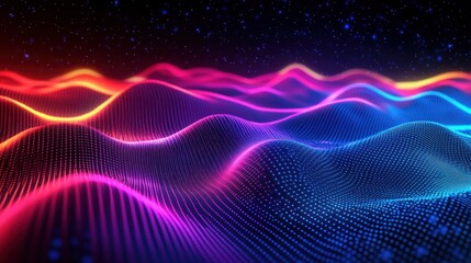 Abstract digital landscape, colorful waves, dots, glowing, dark background, artistic
