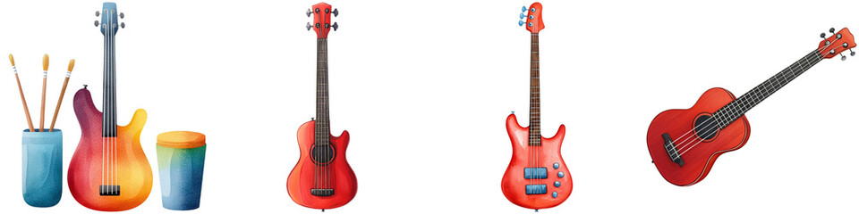 Naklejka premium Concerts performance and visuals watercolor, A vibrant collection of colorful guitars showcasing unique shapes and designs, emphasizing artistic expression and musical creativity.