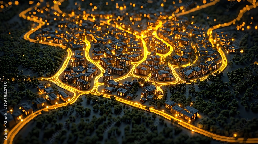 Poster illuminated urban network of pathways and infrastructure in a futuristic top down view featuring glo