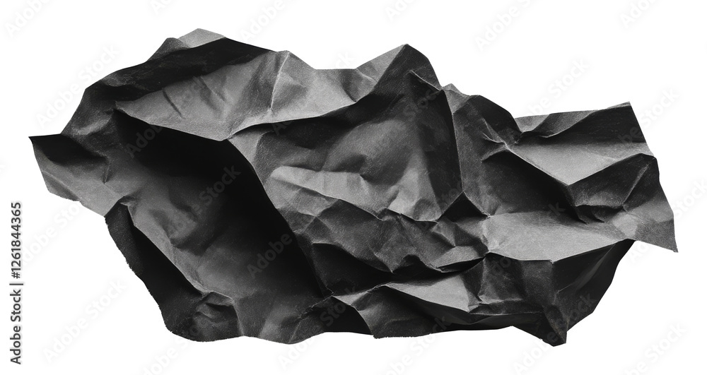 Poster crumpled black paper isolated on transparent background, artistic texture and abstract design concep