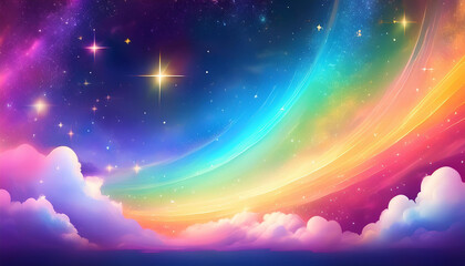 Fototapeta premium Fantasy rainbow background with clouds and stars
