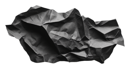 Crumpled black paper isolated on transparent background, artistic texture and abstract design concept