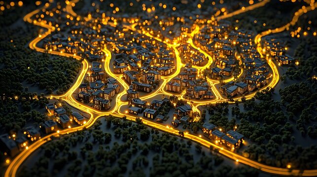 Illuminated urban network of pathways and infrastructure in a futuristic top down view featuring glowing graphics and digital patterns
