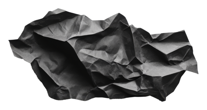 Crumpled black paper isolated on transparent background, artistic texture and abstract design concept