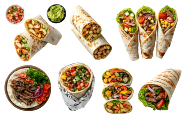 Collection of burrito shawarma gyros wrap, with different ingredients fish kebab beef cheese lamb chicken tomato chili vegetable lettuce on transparent cutout PNG. Mockup template for artwork design