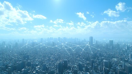 Aerial view of a futuristic cityscape with an interconnected digital network visualization linking buildings and infrastructure in a modern technologically advanced metropolitan area