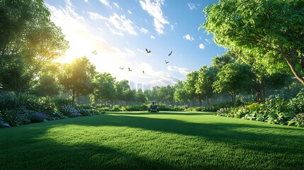 A tranquil park setting where a dedicated landscaper methodically mows the lush grass, birds soaring high against a bright blue sky, sunlight illuminating the vibrant greenery,