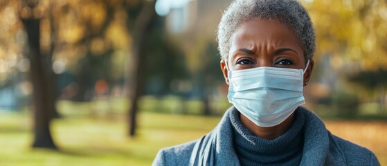 A Person in a Protective Medical Mask Reporting in a Quiet Autumn Park