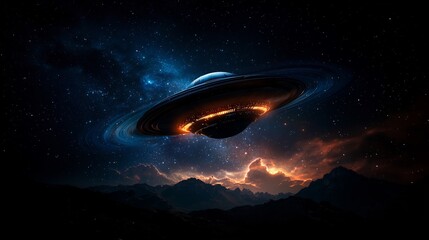 Pixelated Spaceship Hovering Over Starry Galaxy with Mountainous Horizon at Night