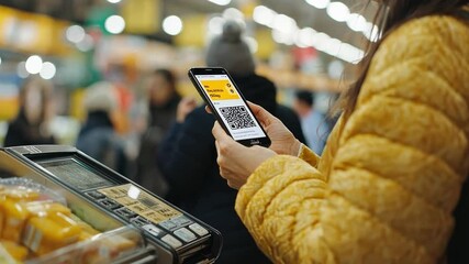 Contactless Payment: A woman uses her smartphone to make a contactless payment at a supermarket checkout, showcasing the convenience and speed of modern mobile transactions.