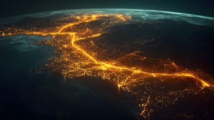 Mesmerizing digital representation of a sprawling city s intricate network of illuminated connections viewed from an aerial perspective  This stunning image showcases the vibrant