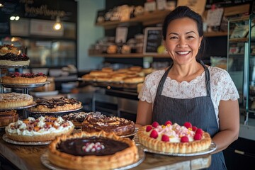 Female cafe owner smiles warmly in her shop filled with tempting desserts and pies, radiating confidence and positivity in her successful small business.