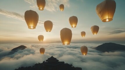 Naklejka premium Sky lanterns over misty mountains at sunrise