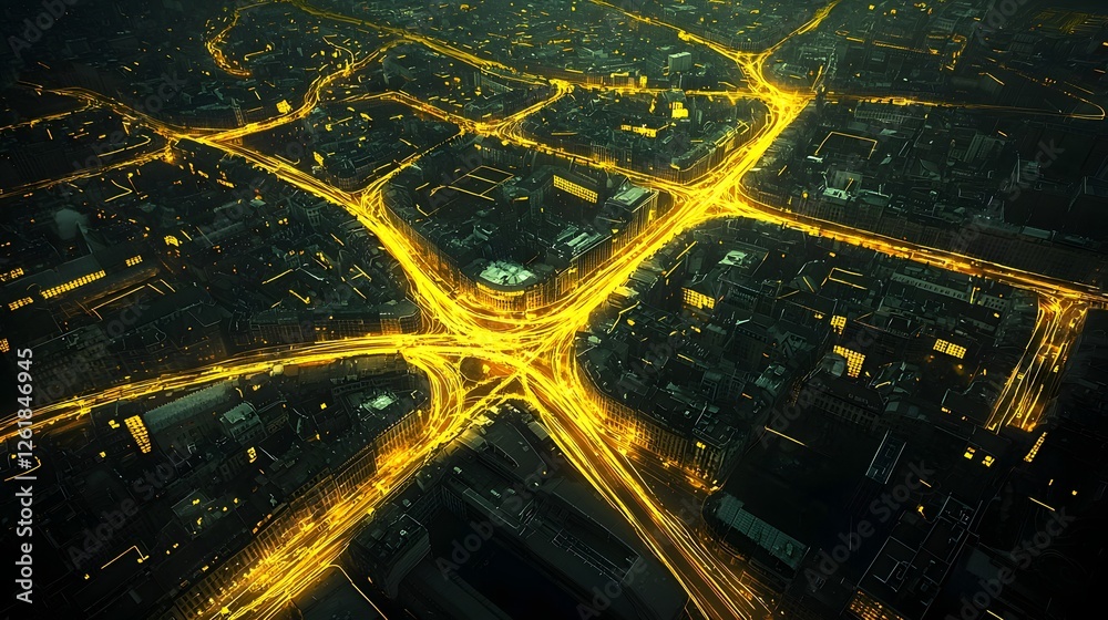 Poster aerial top down view of an illuminated urban landscape with a complex network of interconnected path