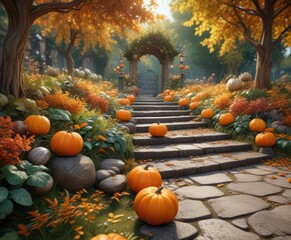 Enchanted garden scene with whimsical pumpkins and autumn foliage, festive atmosphere, festive garden
