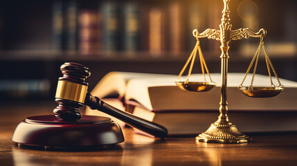 Scales of justice and judge's gavel on the lawyer's desk office