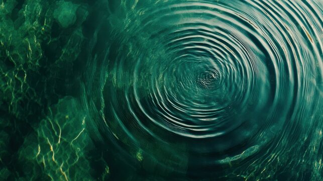 Emerald Ripples: Concentric circles of deep teal water ripple outwards, creating an hypnotic and serene pattern. The image evokes a sense of calm and mystery. 